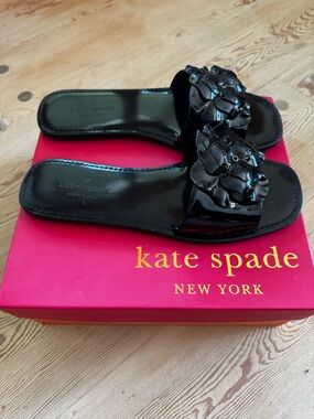 Kate Spade Black Patent Slide Sandals with Floral Accent